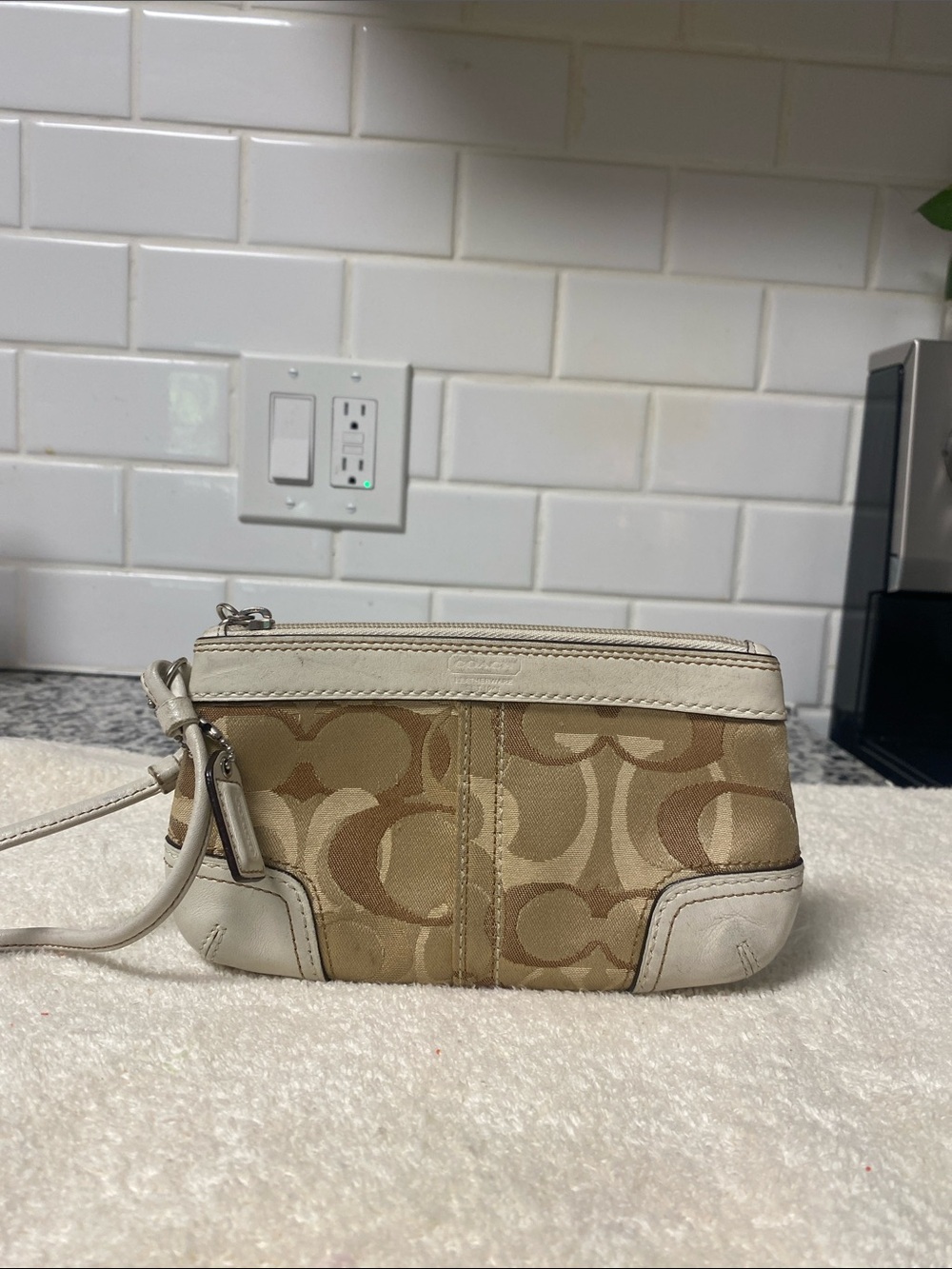 Coach Signature Canvas Wristlet in Tan and Ivory